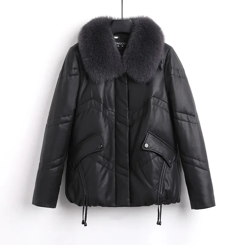 

Autumn Winter Matt Leather Cotton-padded Jacket Women Short Coat Fox Fur Collar Thicken Faux Sheepskin Parkas Female Coats