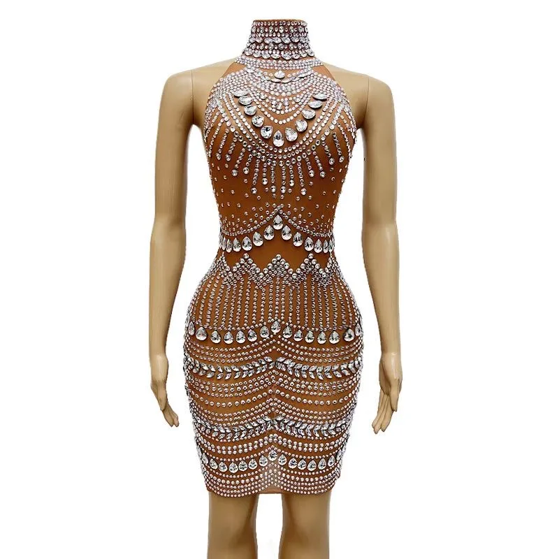 

Snow Apricot Pearl Diamond Inlaid Round NeckSleeveless Back Split Luxury Elegant Long DressNight Club Bar Performance C041