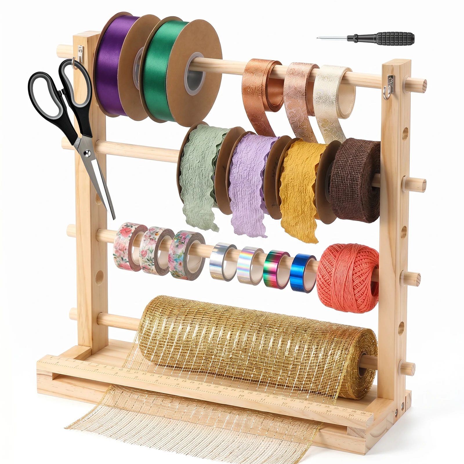 Wooden Ribbon Spool Storage Rack Tape and Sticker Holder Organizer Stand Desktop Storage Display Rack for Craft Room Flower Shop