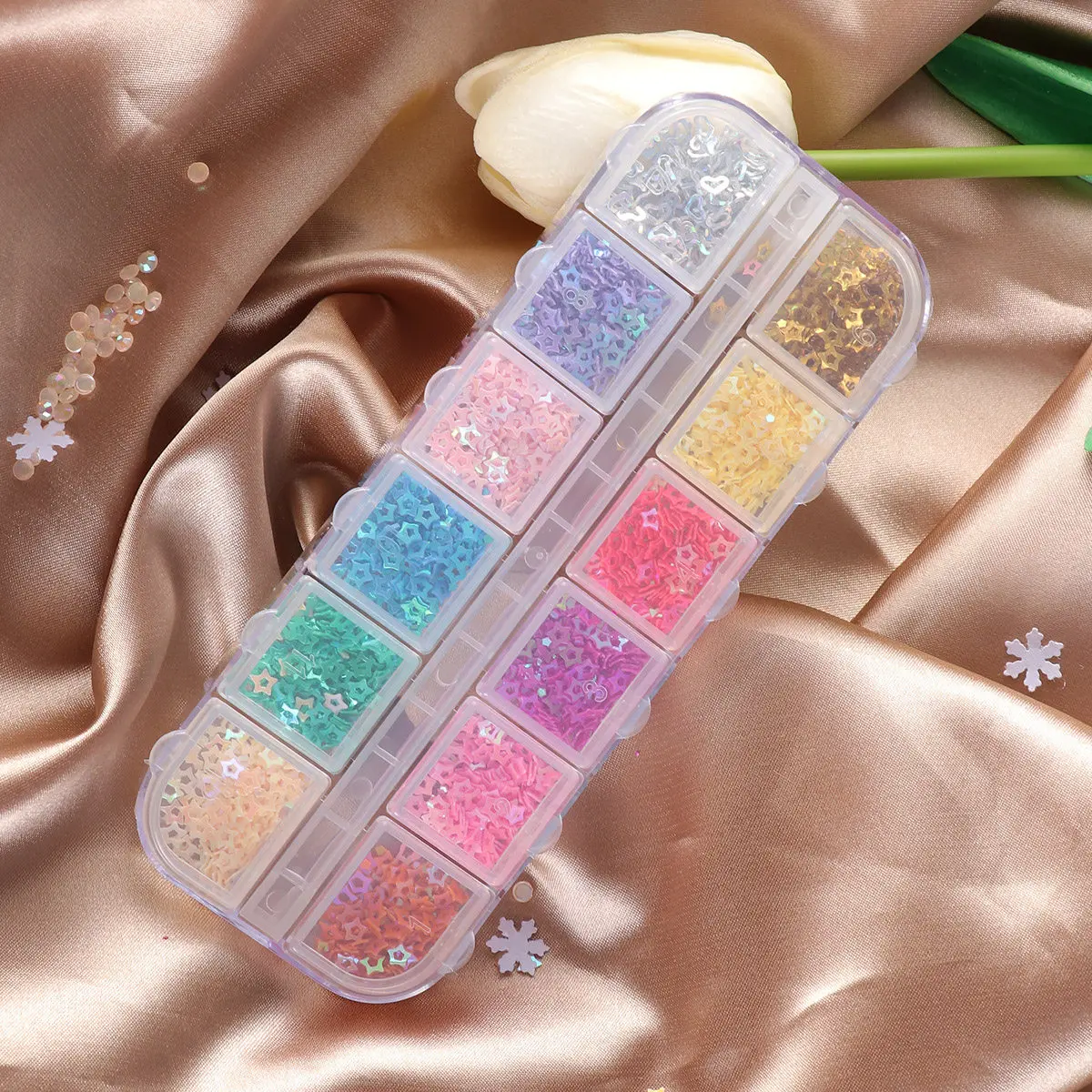 1 Box Colorful Star Nail Stickers Five-Pointed Shape DIY Art Decor 12 Slots Glitter Sequins for Holiday Party Women