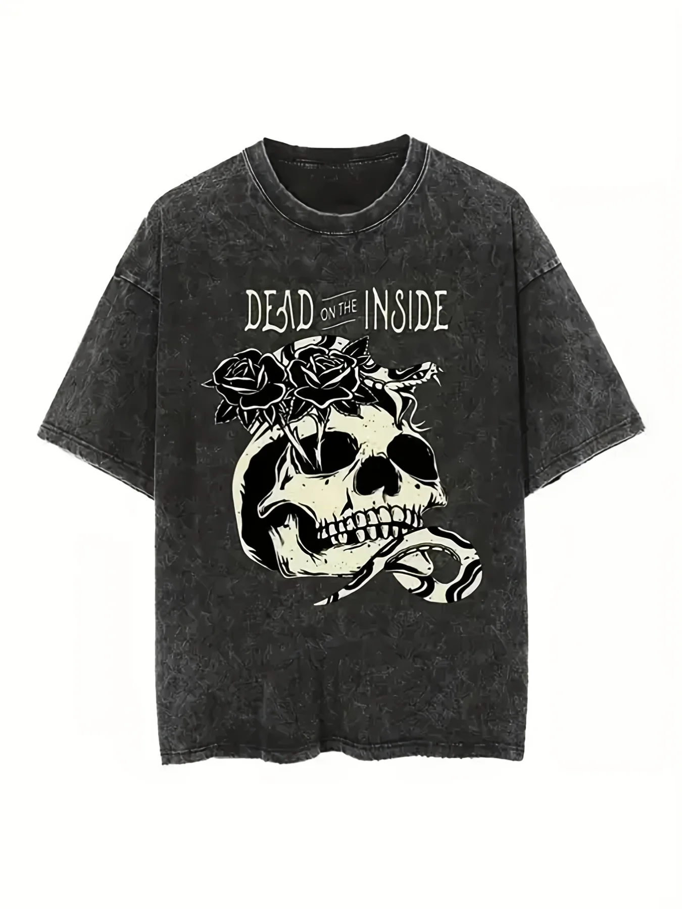 Men's Retro 90S Y2K Pure Cotton T-Shirt - 250g Vintage Street Style T-Shirt with Dead Inside Skull Rose Print, Machine Washable, Suitable for Halloween, Concerts, Music Festivals, Everyday Casual Wear, Urban Fashion, Unisex Clothing