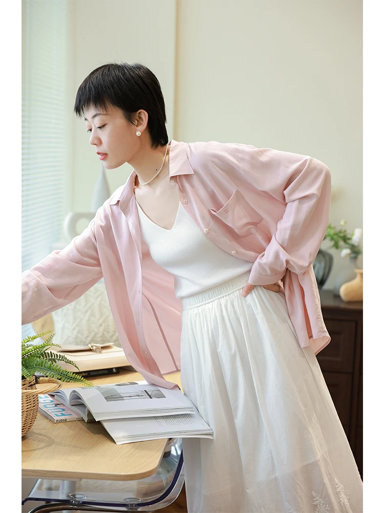 

Художественная свободная женская блузка с длинным рукавом, легкая, драпированная, с защитой от солнца, из шелкового волокна, простая, для повседневной носки, розовая, осень 2025