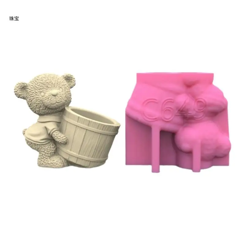 X5QE Succulent Flower Pots Mold Cartoon Bear Pen Holder Silicone Mould DIY Concrete