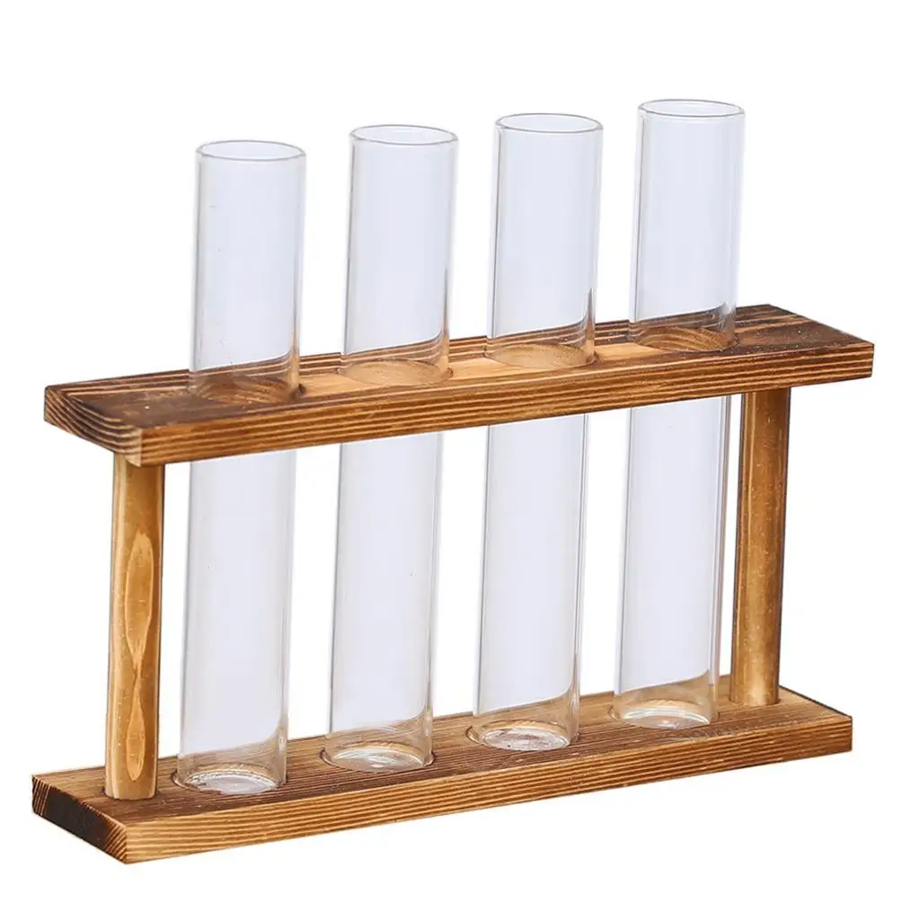 Crystal Glass Test Tube Vase in Wooden Stand Flower Pots for Hydroponic Plants Home Garden Decoration