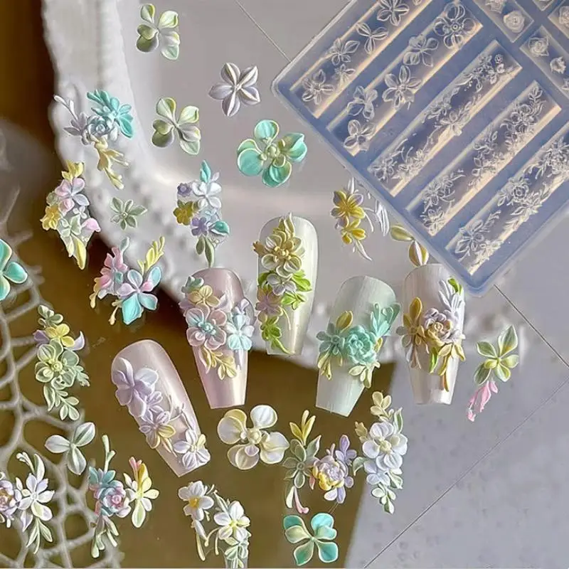 Moule pour Nail Art à faire soi-même, sculpture 3D, fleur incurvée, chaîne de perles, modèle en Silicone hautement Transparent, décorations de manucure, bricolage