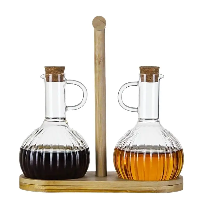 Household 350ml Heat- Glass Oil Pot with Wooden Stand, Liquid Seasoning Bottle, Striped Sauce and Vinegar