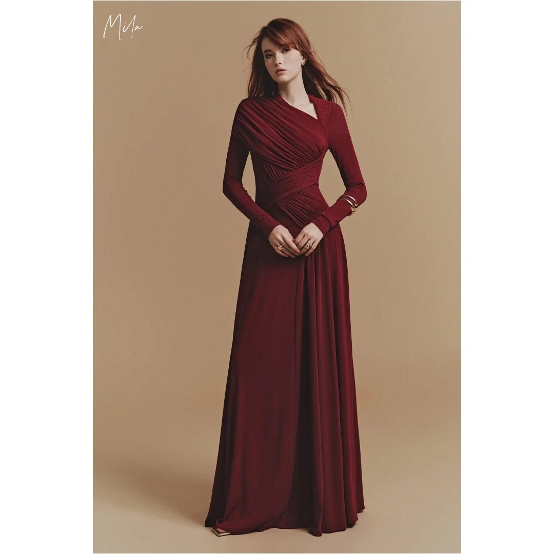 

Mila Burgundy One-shoulder Long Sleeve Ruched Floor-length Prom Dresses Elegant Customized Formal Evening vestidos de gala 2025