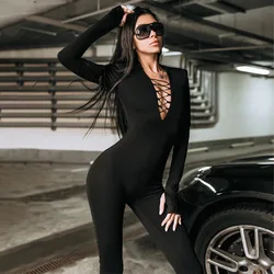 Solid V-neck Long Sleeves With Shoulder Pads Bodycon Jumpsuit Woman Autumn Winter Woman Fashion Elegant Club Y2K Sport Jumpsuits