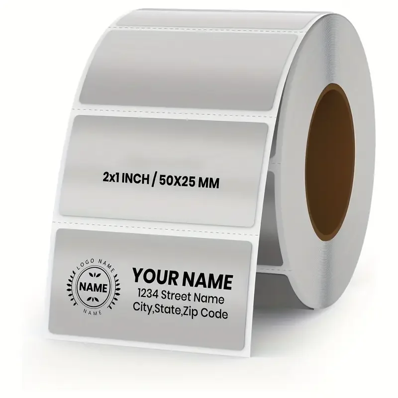 300 Stück silbrige Thermoetiketten aus Vinyl, 2,54 × 5,08 cm, selbstklebende, direkt bedruckbare Adressaufkleber aus Metall auf Rolle, wasserfest – Detail 2