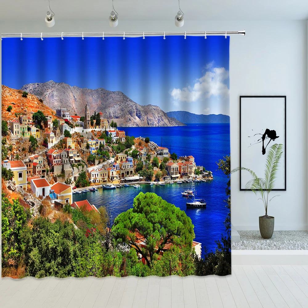 

Greece Seaside House Scenery Shower Curtain Tropical Ocean Sea Island Print Pattern Waterproof with Hooks Bathroom Bath Screen