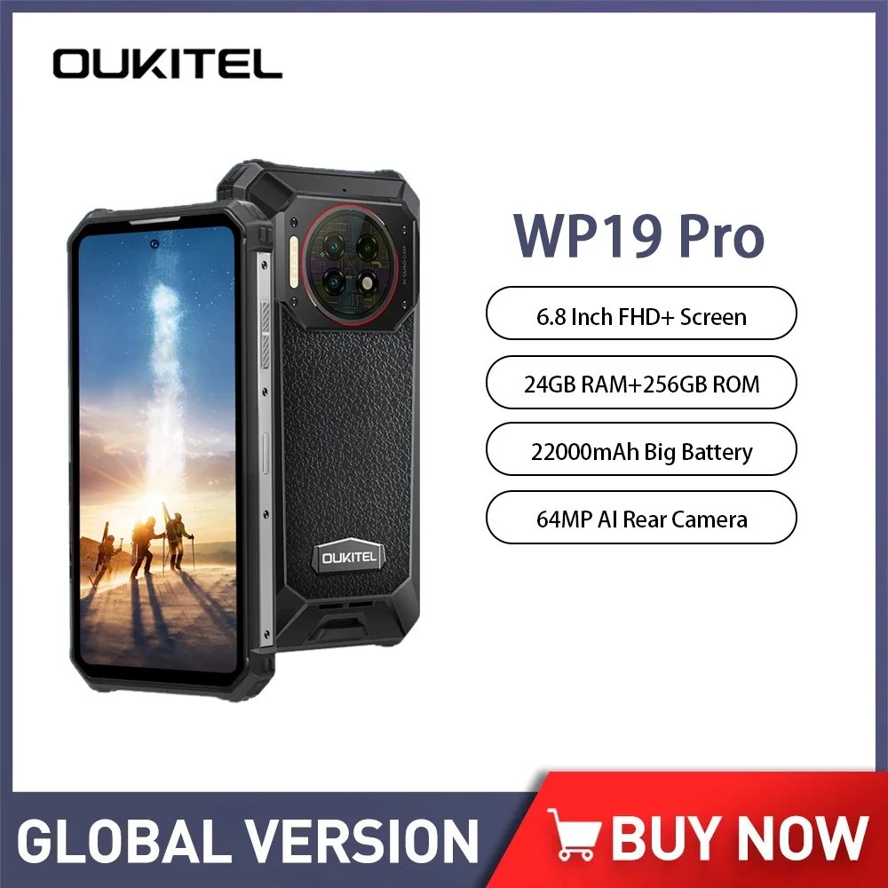 

Oukitel WP19 Pro 22000mAh Battery Rugged Phone 24GB 256GB Smartphone Android 13 64MP Camera 120Hz 4G Dual SIM Mobile Phone NFC