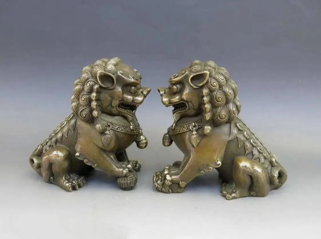 Chinese Antique bronze Feng shui Fu Foo Dog Lion Statue Door god pair lions