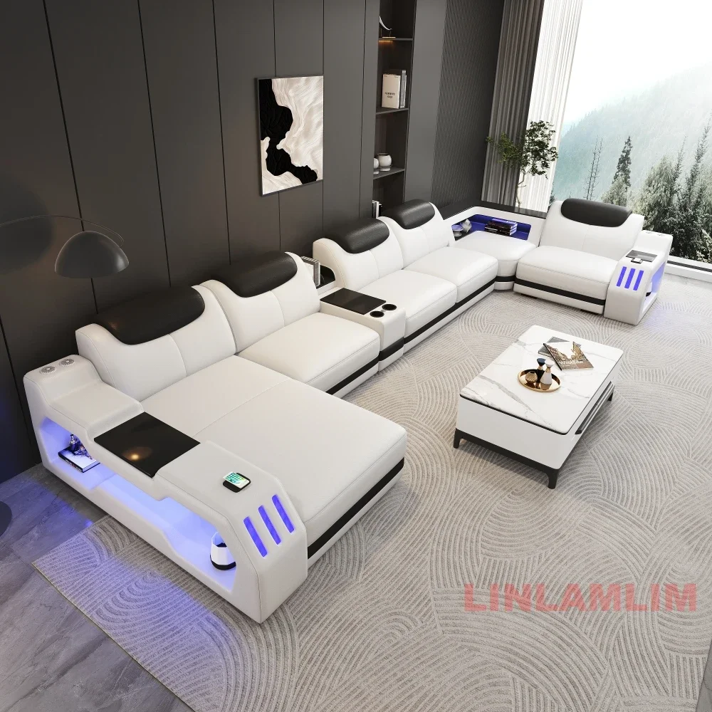 Linlamlim Genuine Leather Massage Sectional Sofa Bed with Adjustable Headrest & LED Light, Recliner Couch Set with Storage & USB