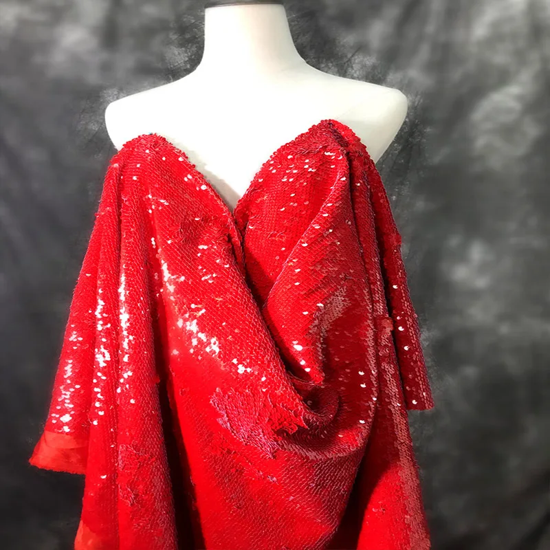 Good Shiny Red Round Sequins Embroidered Satin Fabric,Performance Clothing,Designer Fabric,DIY Wedding Dress,Nightclub Skirt,3mm