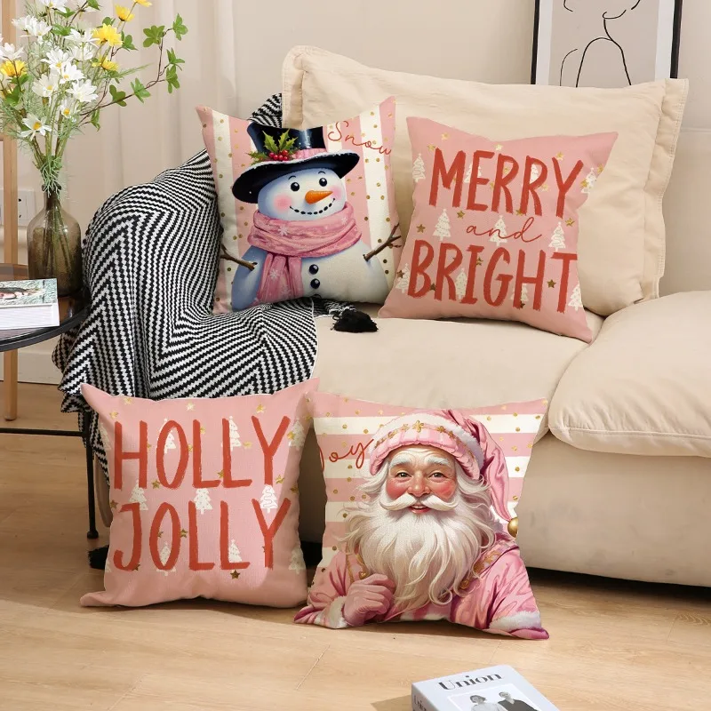 

Christmas Pillow Covers 45x45cm of 4,Pink Santa Claus Truck Christmas Decoration Winter Holiday Pastel Decor for Home Ornament