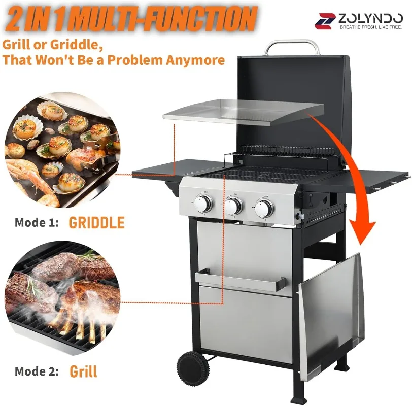 3 Burner Outdoor Flat Top Griddle Grill Combo, 2 In 1 Propane Gas Bbq Grill W/Enameled Cast Iron Grids And Stainless Steel