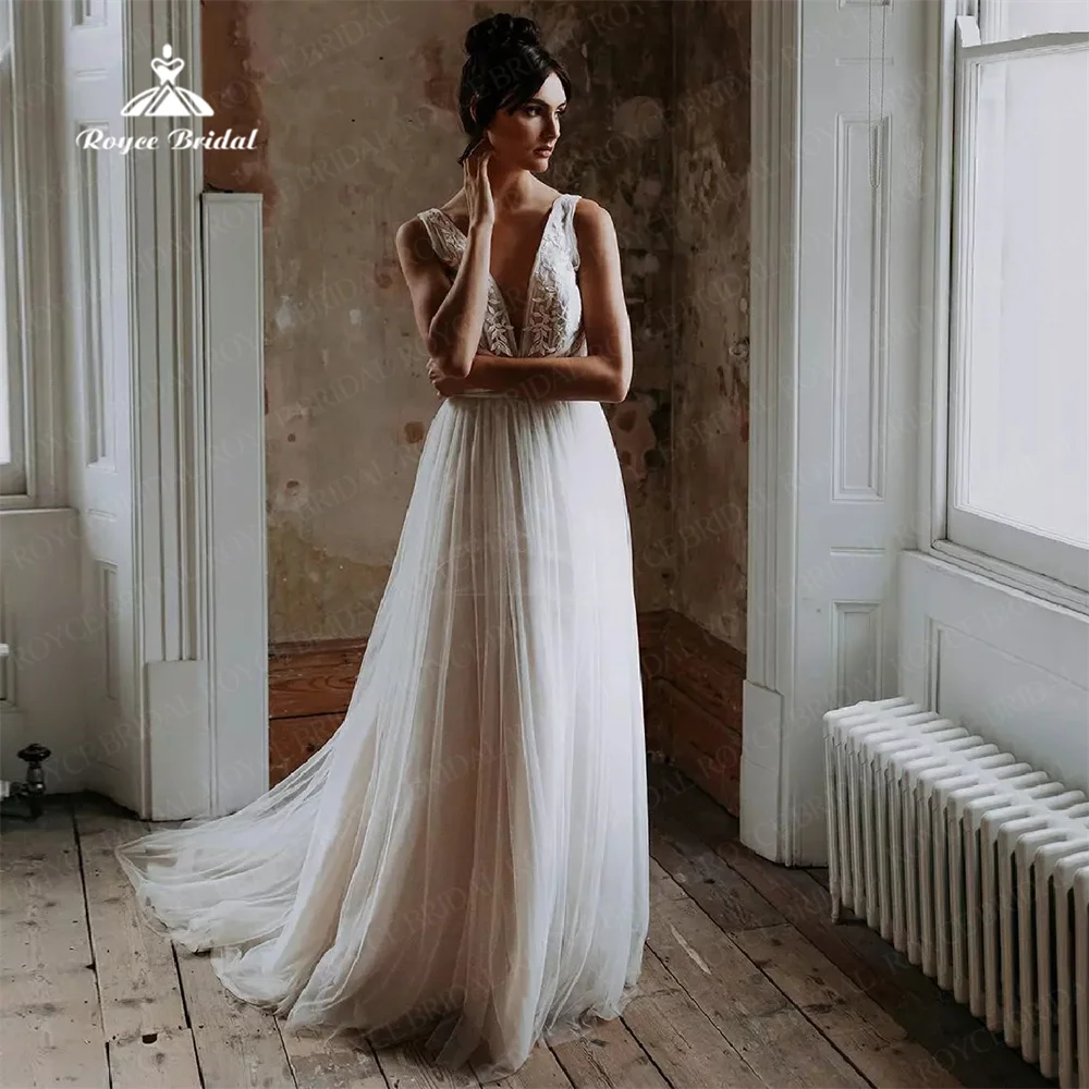 Boho A Line Customized Wedding Dress Sexy Gunging V Neck Tulle Sleeveless Lace Applique Formal Bridal Gowns robe de mariée