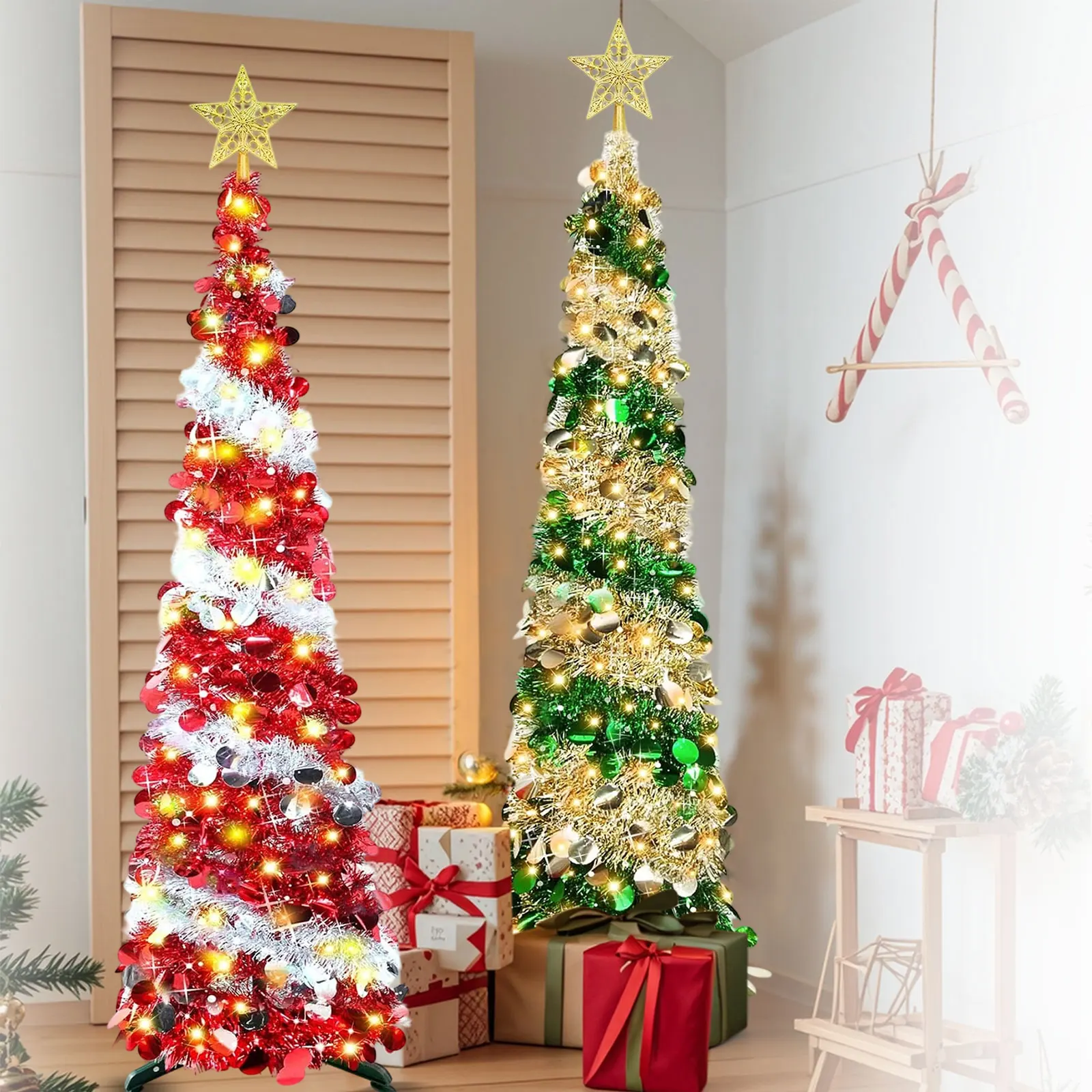 150CM人工クリスマスツリー飾りペンシル型クリスマスツリー、自宅パーティー、オフィス、暖炉、ホリデーデコレーションオーナメント用