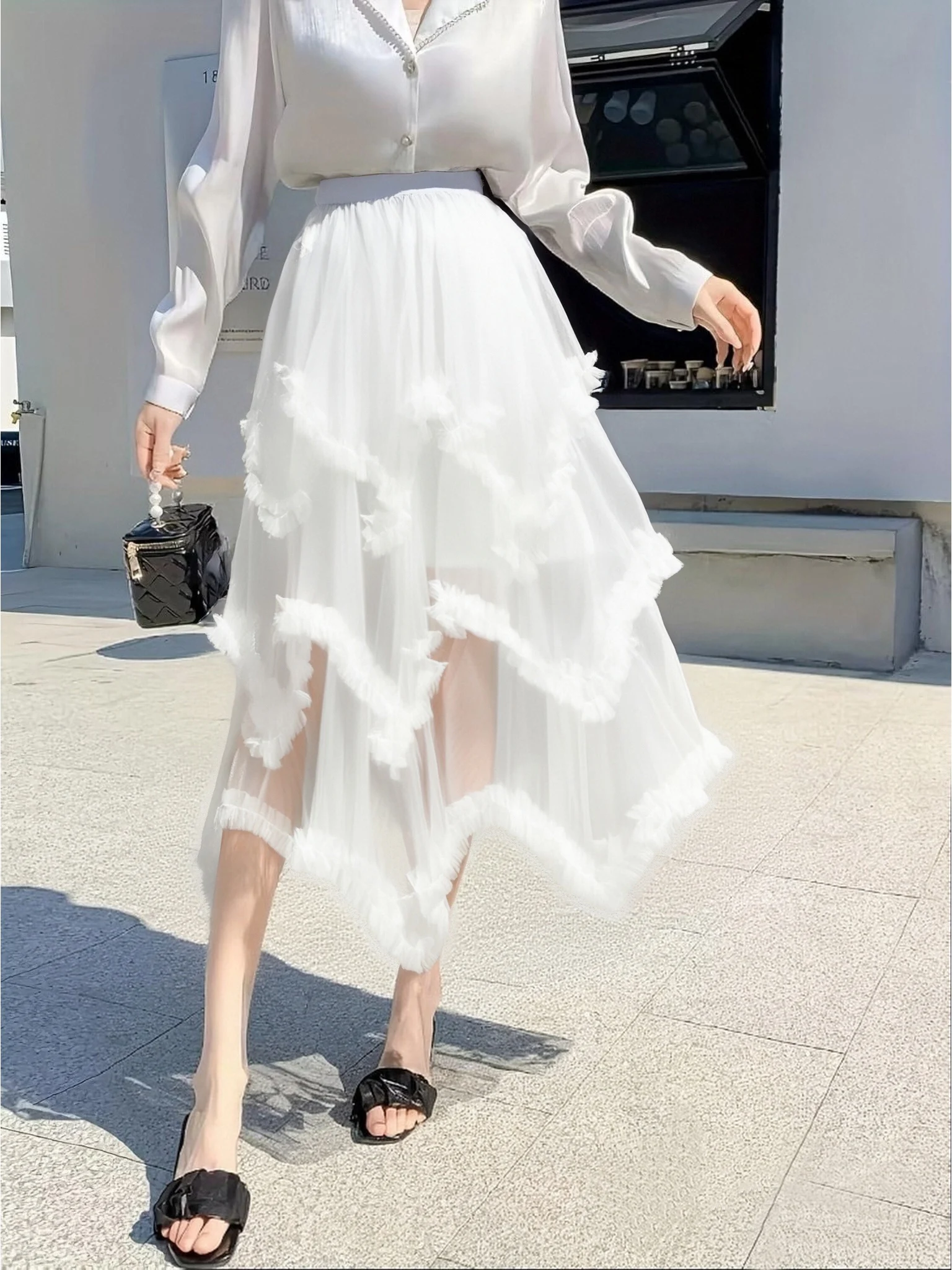 

Tulle Long Skirt for Women 2025 New Summer Korean Aesthetic Cute Irregular Mesh High Waist Maxi Skirt Female Purple