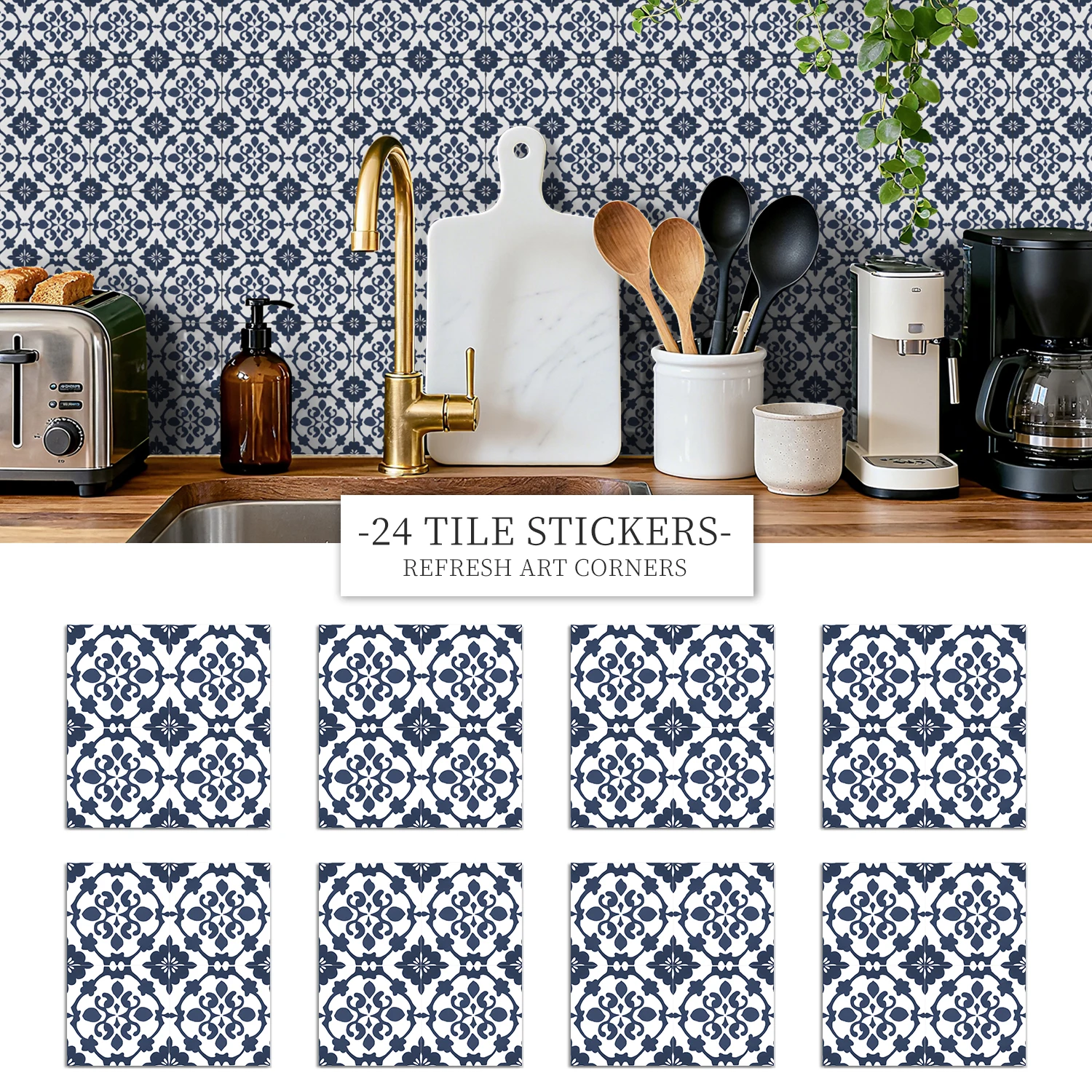 

36Pcs Vintage Floral Tile Stickers, Self-Adhesive Peel and Stick Wall Decals, Waterproof for Kitchen Bathroom Home Decor