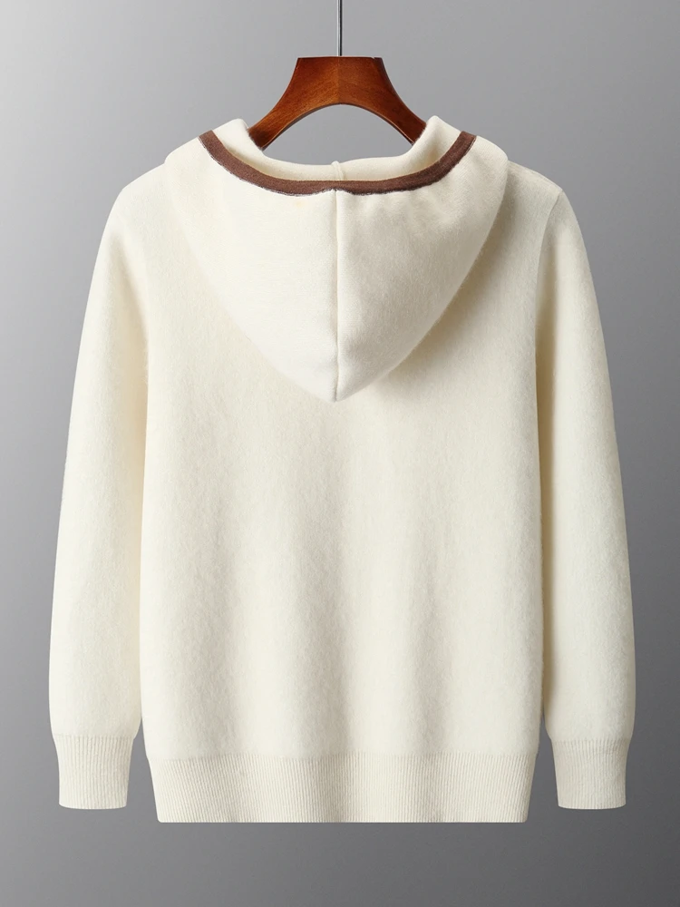 New Autumn Winter Men Zipper Hooded Cardigan 100% Goat Cashmere Knitted Sweater Casual Long Sleeved Thick Warm Men Clothing Tops