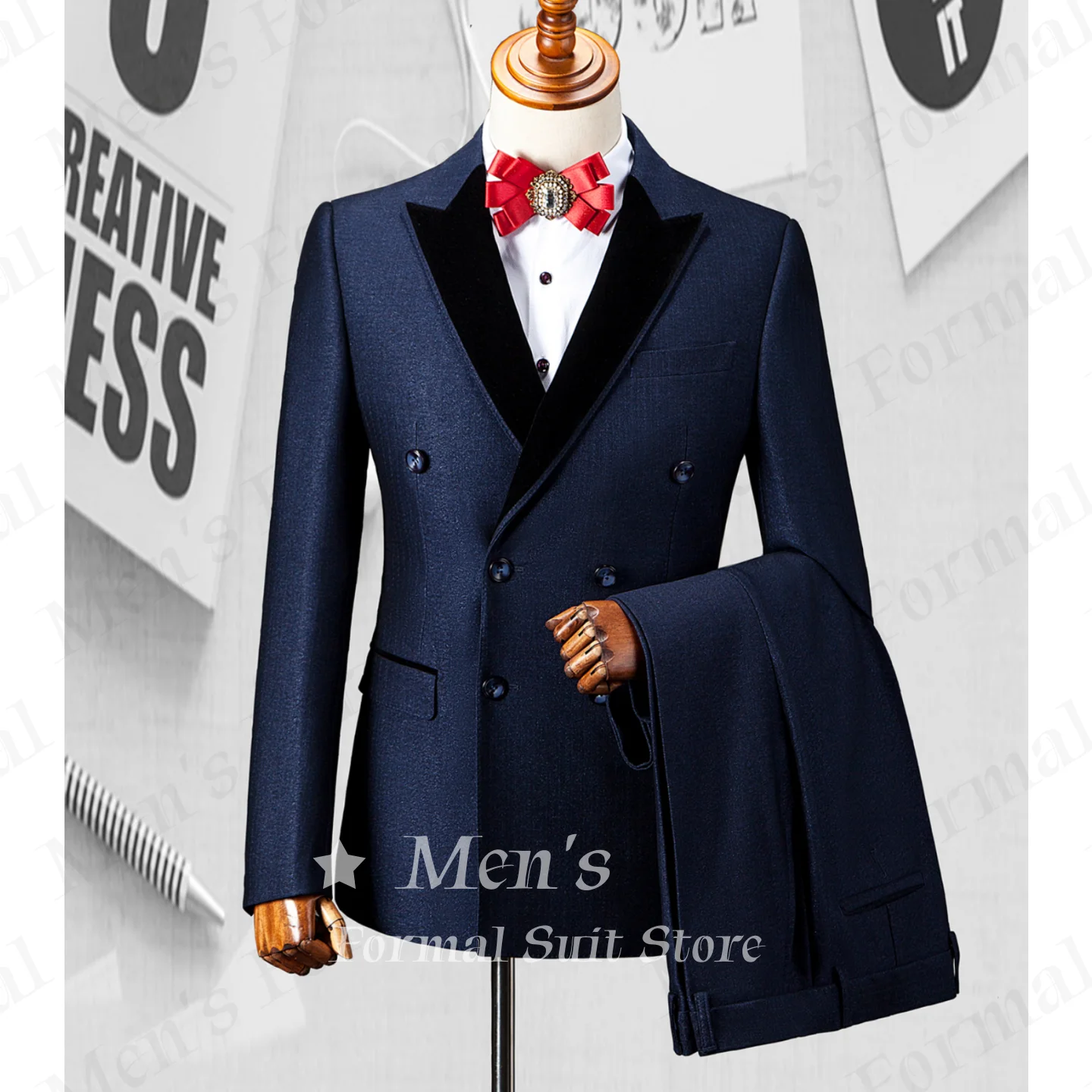 2 Piece Suit Men Navy Velvet Peak Lapel Double Breasted Tuxedo Blazer Trousers Set Wedding Groom Evening Banquet Customized
