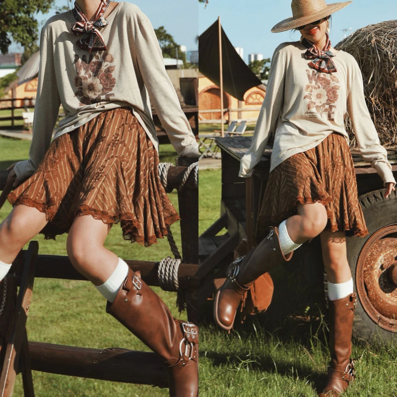 2026 New Arrival Summer Women Casual Loose Vintage Print  Embroidered A-line Skirt Lace Patchwork Knee-length Skirts T268