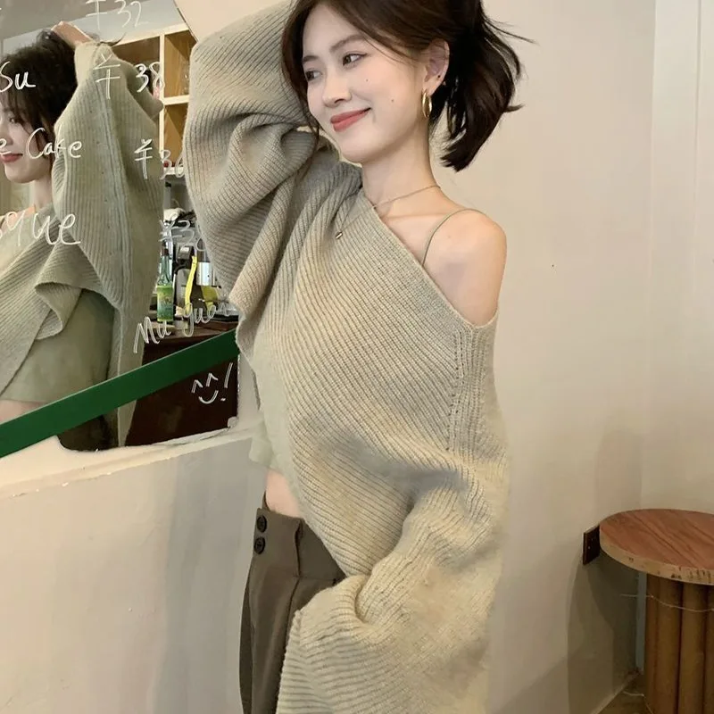 Korean Style Pullovers for Women Slash Neck Solid Fashion Elegant Female Clothing Spring Autumn Knitted Ins Simple Long Sleeve