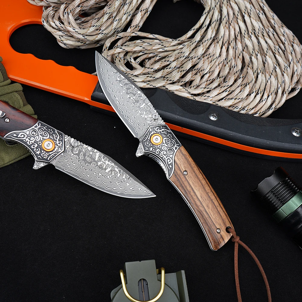 

New Damascus Pocket Folding Knife Zebra Wood Handle Tactical Hunting Combat Knife Outdoor Camping Survival Knives EDC Jackknife