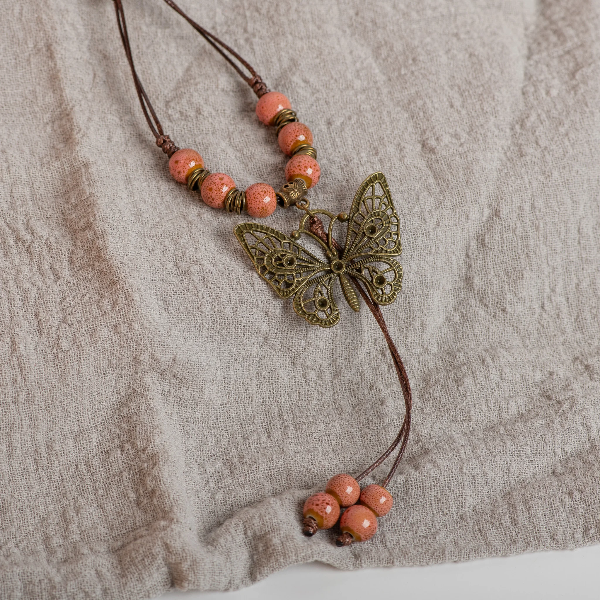 Bohemian Vintage Butterfly Necklace, Ceramic Beads, Adjustable Pendant, DIY Gift, Drop Shipping, XPF001