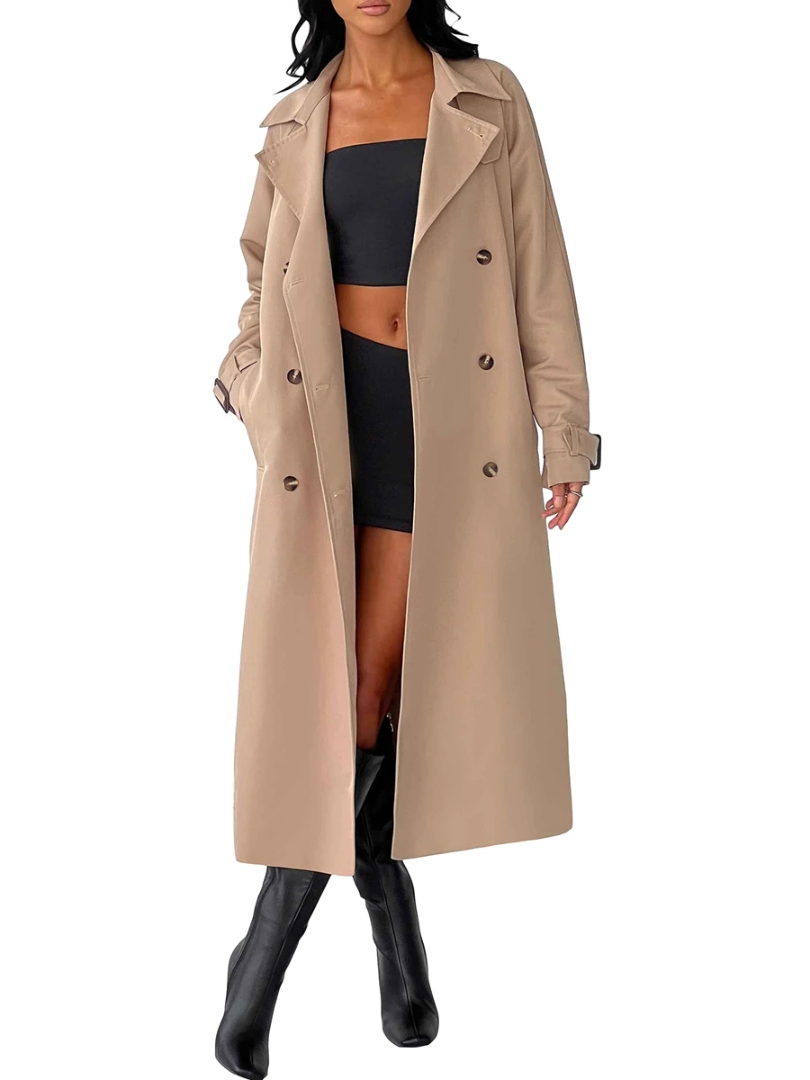 Women Casual Trench Coat Double Breasted Long Sleeve Windbreaker Jacket with Belt Streetwear Outerwear