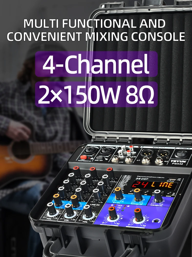 TEYUN Console audio a 4 canali portatile 2 * 150W 24 DSP USB PC Registrazione Bluetooth DJ Mixer di potenza Amplificatore per feste all'aperto PGA42