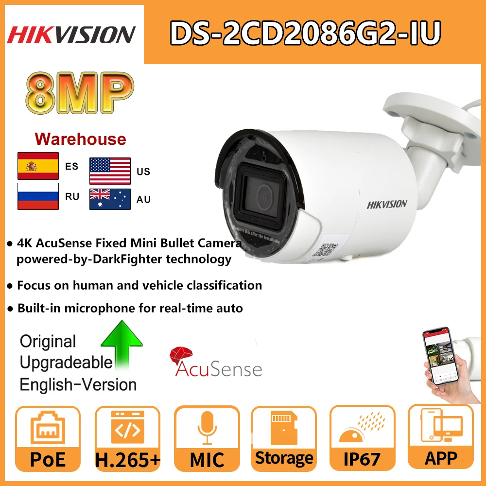 

Hikvision 4K AcuSense Bullet PoE 8MP IP Camera DS-2CD2086G2-IU Human Vehicle Classification Built-In Mic SD Card Slot H265+ IP67