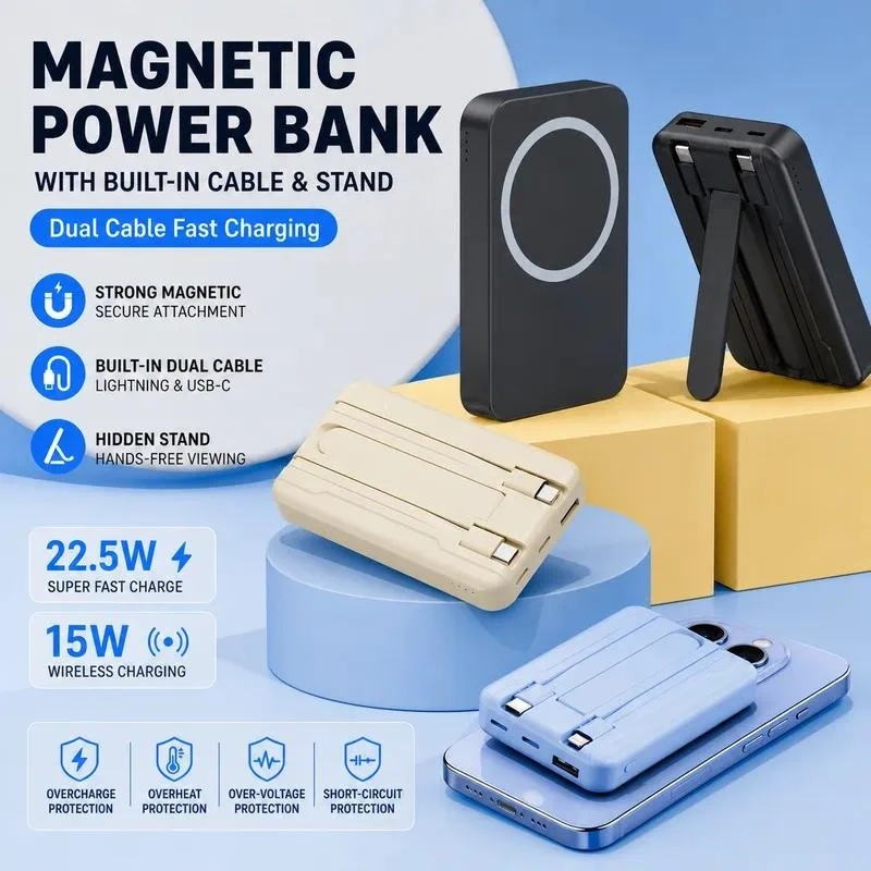 2pcs 22.5W Super Fast Charging 15W Magnetic Wireless Power Bank with Built-in Cable and Stand Portable Mobile Charger