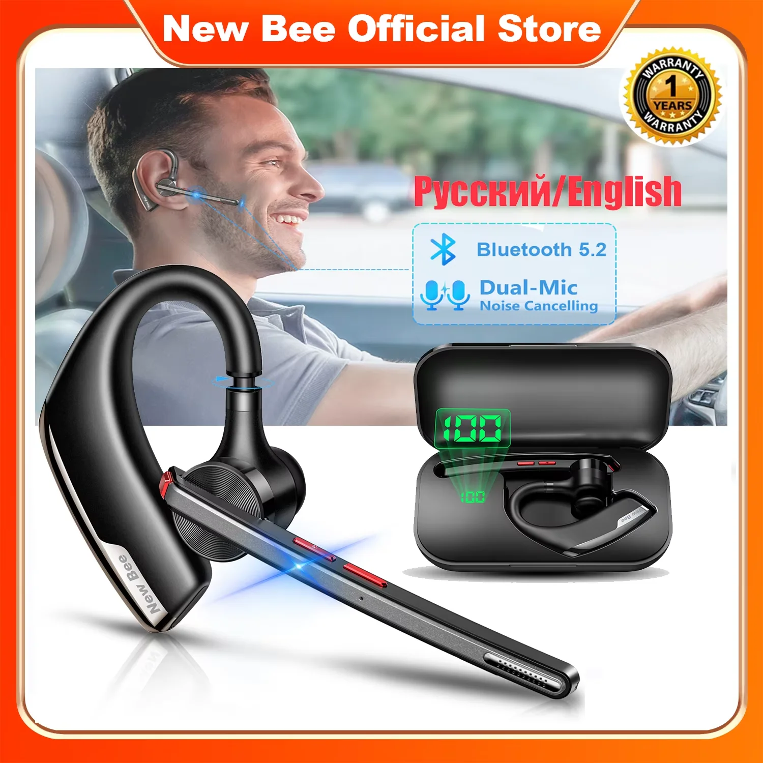 New Bee M51 Wireless Bluetooth Headset Earphones 5.2 Headphone with Dual-Mic CVC8.0 Noise Cancelling Handsfree Business Earpiece