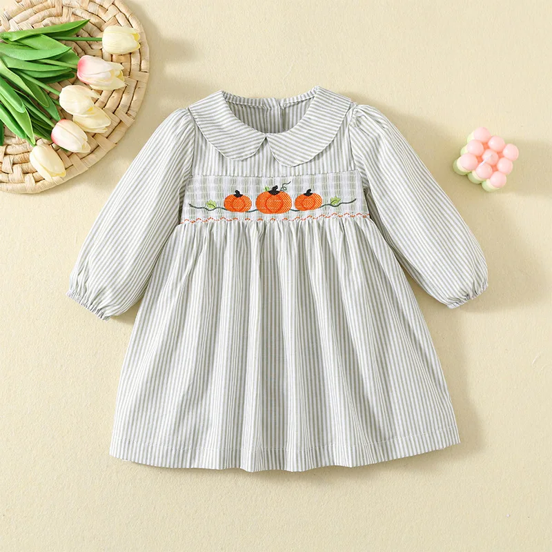 

‌2025 Autumn Girls Ruffle Dress with Embroidery Pumpkin Halloween Long Sleeve Striped Princess Toddler Dresses Kids Party Outfit