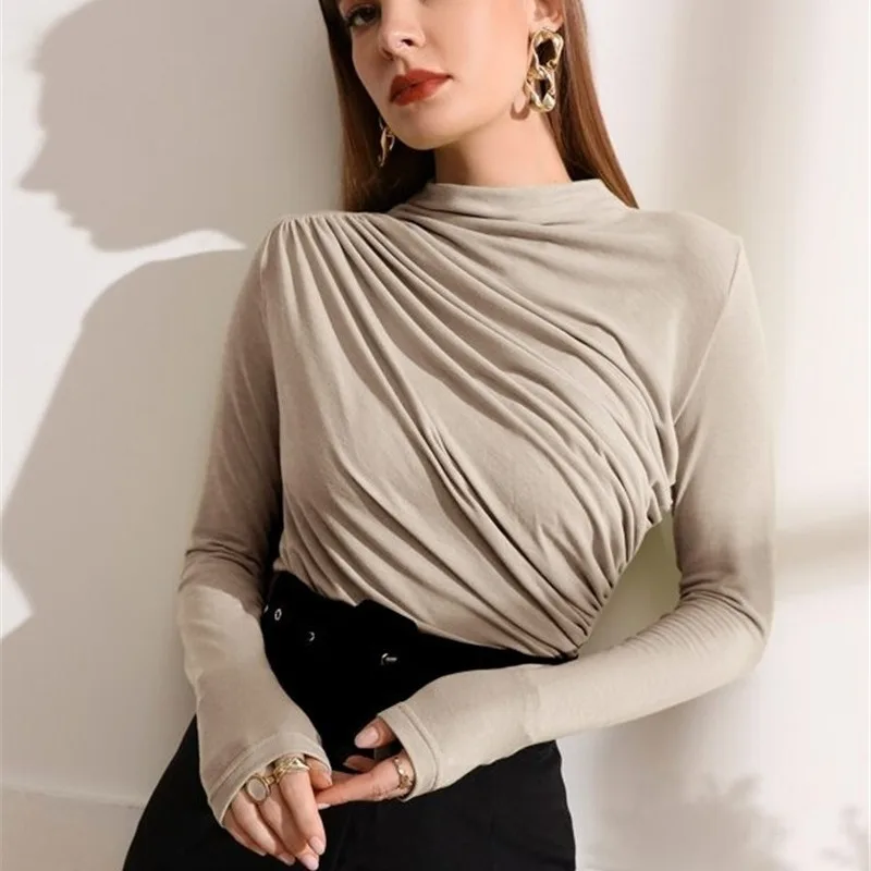 Fall Solid Long Sleeve Women T-shirt 2023 Casual Fashion Slim Folds Sheath Top T Shirt Ladies Tees Elegant