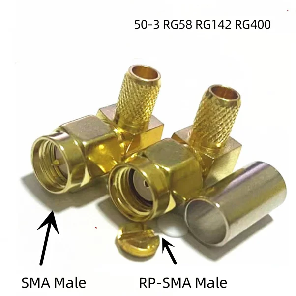 

10pcs High Quality RP-SMA / SMA Male Plug Right Angle Crimp for 50-3 RG58 LMR195 RG142 Cable 50ohm RF Adapter Coaxial Connectors