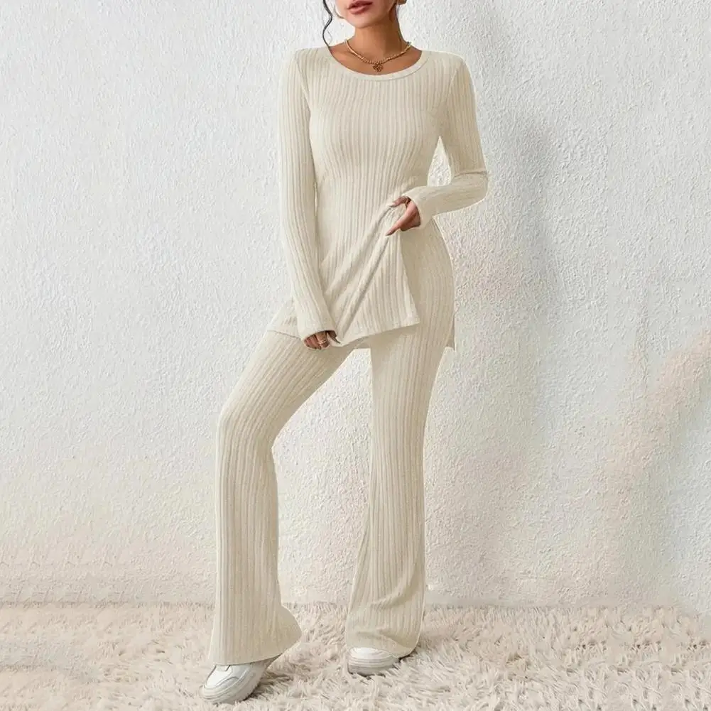 Suit for All Body Shapes Fashionable Women\'s Knitted 2-piece Suit Long Sleeve Ribbed Slit Top High Waist for Autumn/winter