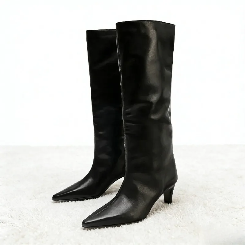 

Черные сапоги до колена из мягкой кожи из искусственной кожи, женские модные брендовые дизайнерские ботинки с острым носком, удобный каблук «котенок», Zapatos De Mujer