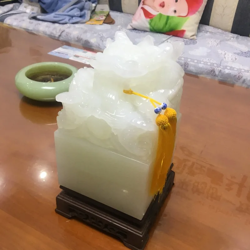 Jade carving, Afghan jade dragon head Pixiu seal ornament, white jade dragon seal, manufacturer accepts custom orders