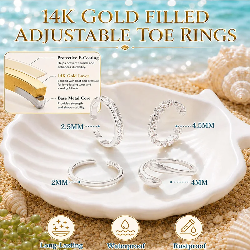 18K Gold Plated CZ Flower Wave Toe Rings Set Adjustable Dainty Non Tarnish Waterproof Summer Beach Foot Jewelry Gift 4pcs/set