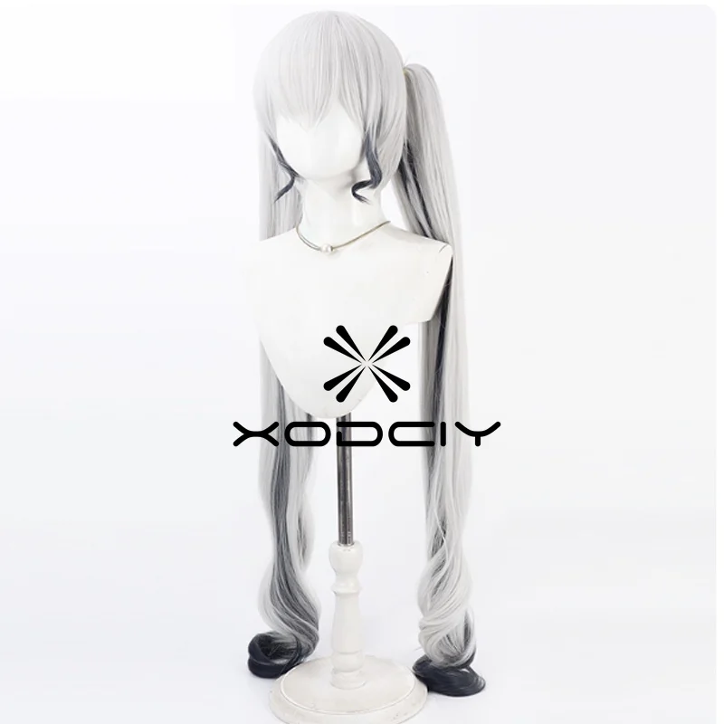 Peruka cosplay FGO Aqua Ruler 100cm Srebrno-Biała Gradientowa Syntetyczna z Doczepianymi Kucykami i Czepeczkiem Gratis