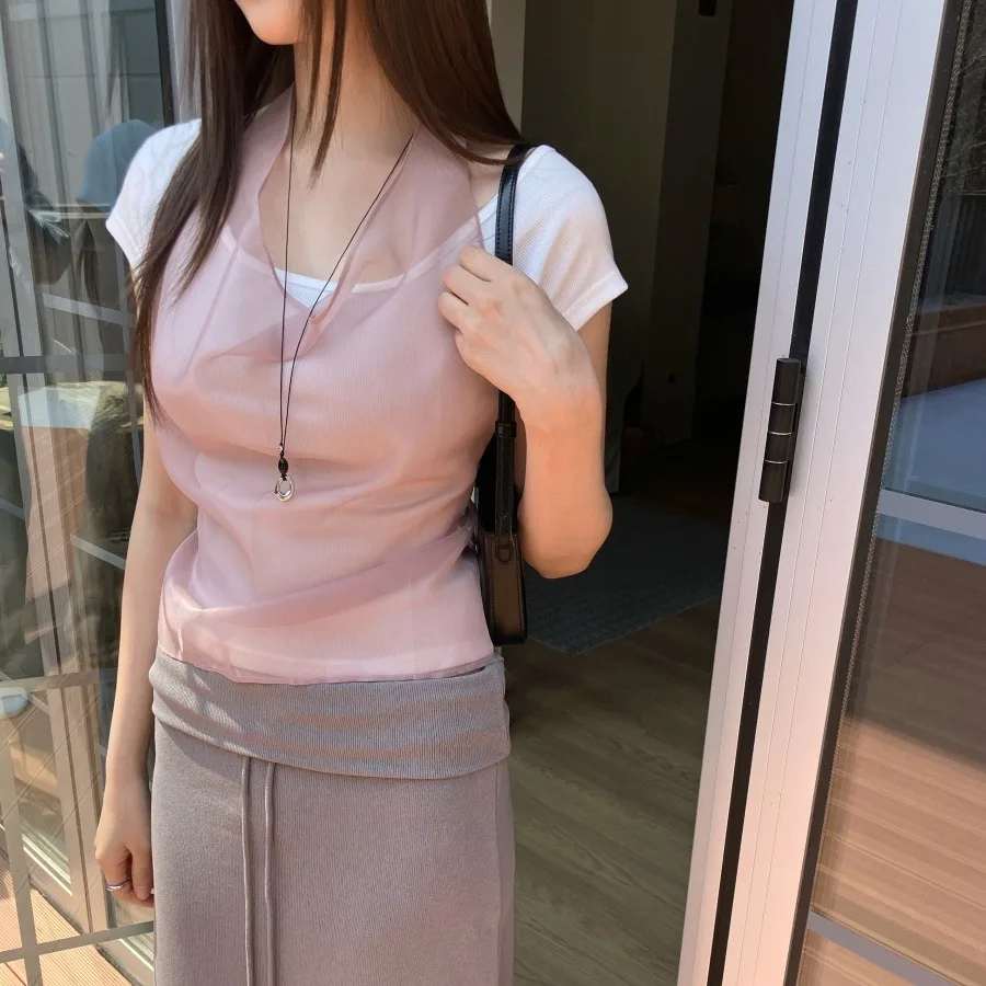 Casual Style Off-Shoulder Mesh Vest Women's Summer Fashion Neck Hanging Belted Tank Top Transparent Lace Trim Casual Wear