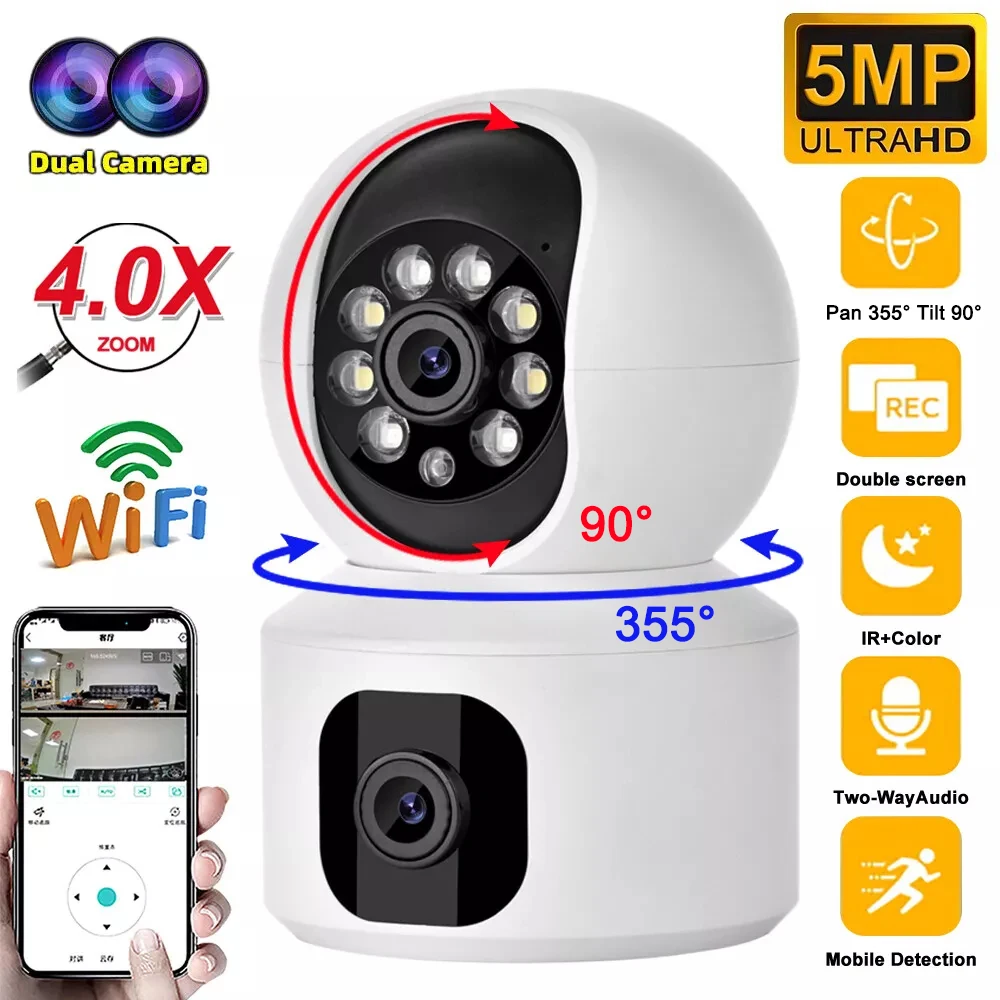 

5MP WiFi Camera Dual Screen Smart Home Secuiry Cameras Baby Monitor AP Two-way Audio Color Night Vision CCTV Surveillance Cam