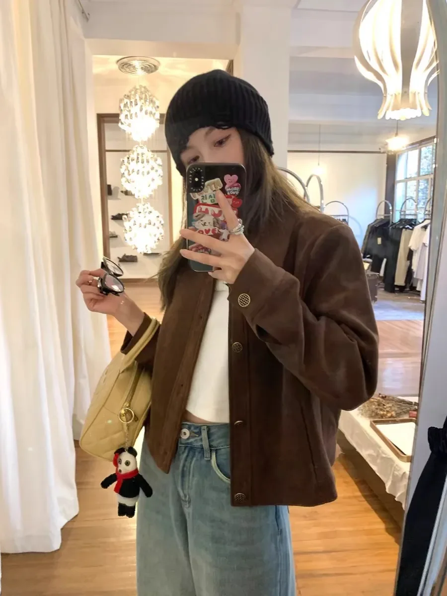

​​Women's Coffee Brown Suede Cropped Jacket 2025 Korean Casual Loose Fit Vintage Petite Blazer Coat Spring Autumn​​