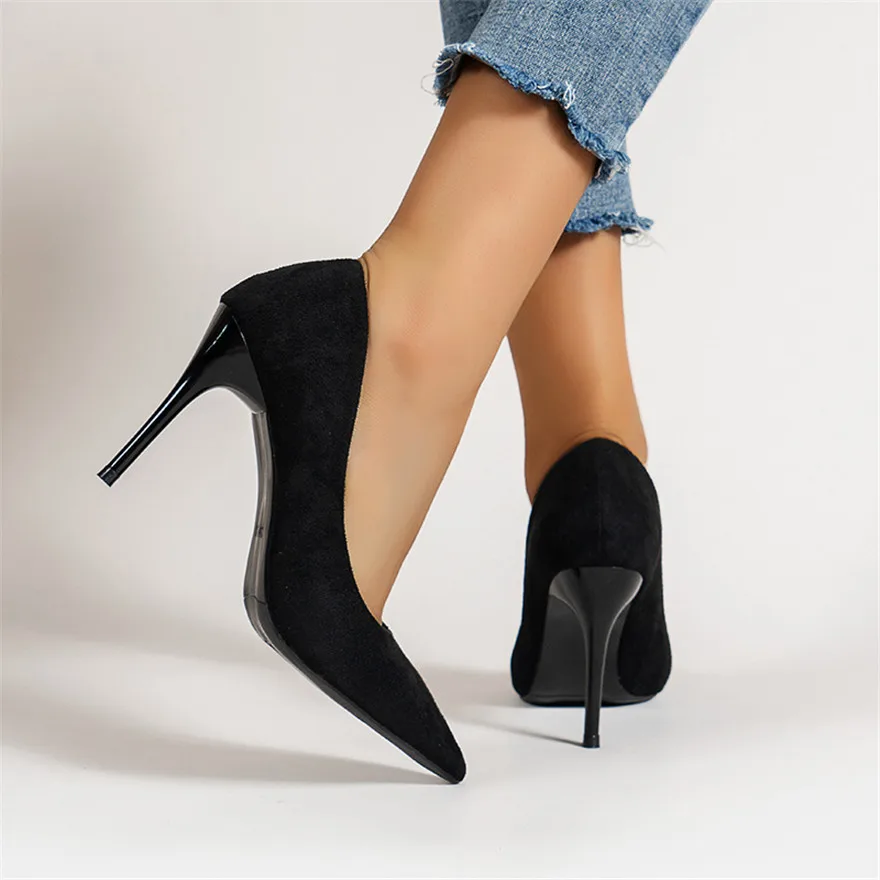 Concise Ladies Office Shoes Autumn Solid Flock Pointy Toe High Heels Shoes Shallow Wedding Female Pumps Sexy Size 35-43