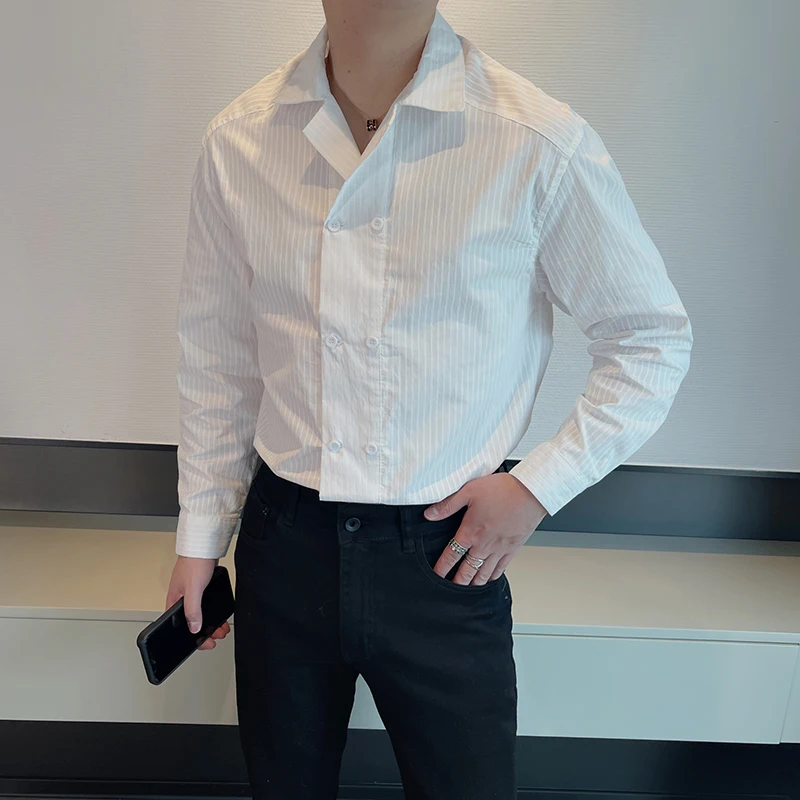 

Свободный крой с кубинским воротником, длинный све irt, мужские полосатые, с двойной пуговицей, классический, повседневный, модный, молодежный, irt