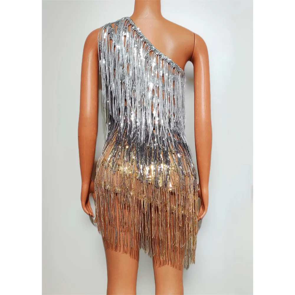 Irregual Sequins Tassel Dress Women Dancer Singer Sexy Transparent Stage Wear Nightclub Party Performance Costume