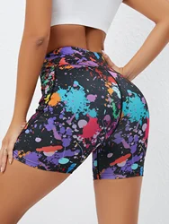 A tropical splash print high-waisted yoga shorts with pockets, polyester knitted fabric, elasticity, regular silhouette, suitabl